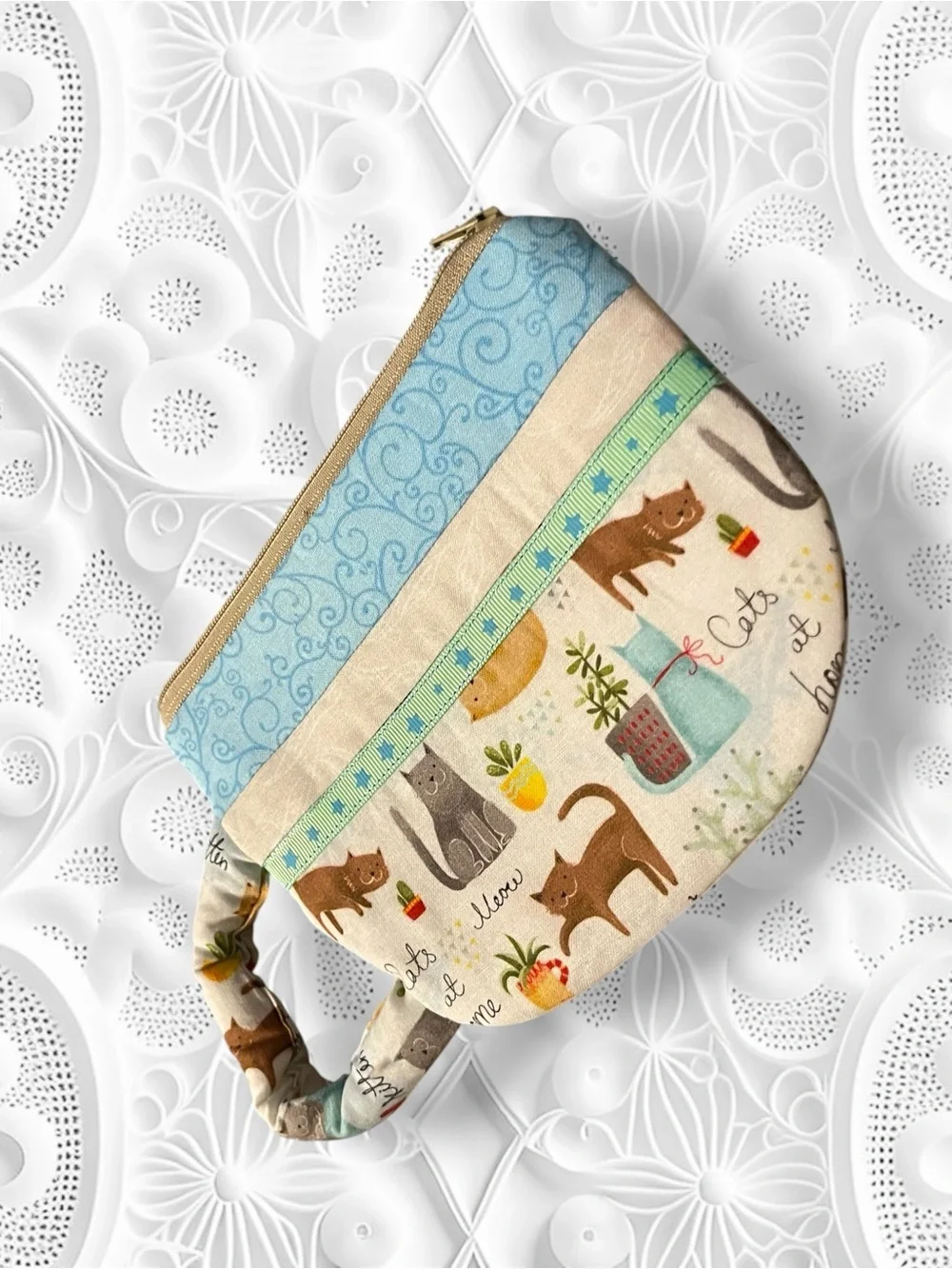 Teacup Pouch Cat Print Quilted Pouch in Blue and Cream